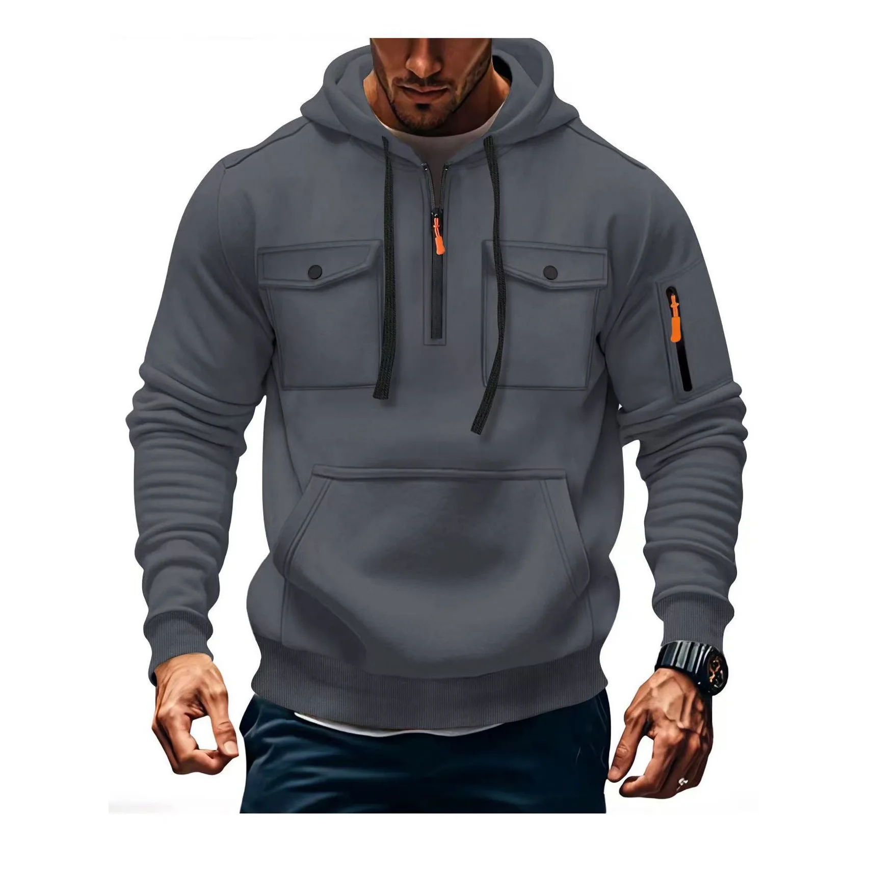 الرجال الصوف مقنعين البلوز الشتاء الدافئة طويلة الأكمام متعددة جيب ملابس رياضية عادية #2