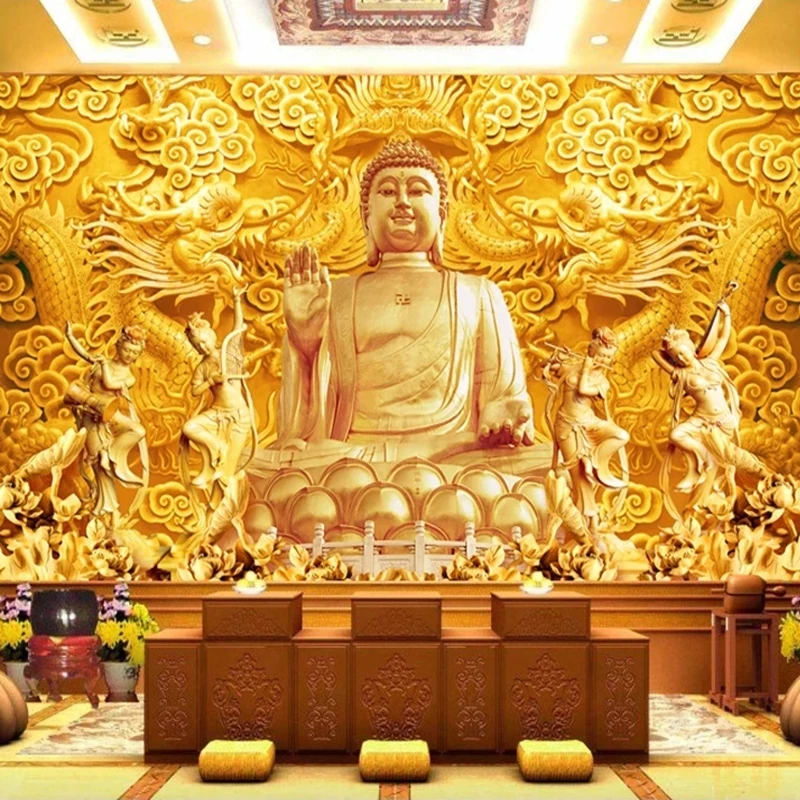 Custom 3D Relief Golden Buddha Sculpture Mural Hall WallPaper Living room sofa TV background wall bedroom restaurant study Hotel