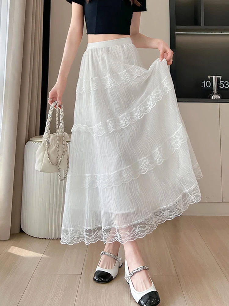 Jmprs Lace Patchwork Chic Long Skirt Women Sweet High Waist Fashion Loose Skirts Korean Casual Summer All Match Long Skirts New
