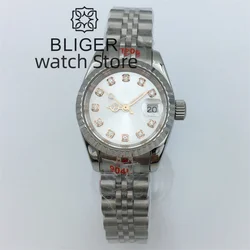 BLIGER 26mm Silver Mechanical Women's Watch NH05 Movement White dial Diamond Index Sapphire glass Silver Jubilee Bracelet