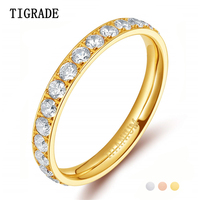 TIGRADE 18K Gold Plated Rings for Women Pure Titanium 3mm Ring Cubic Zirconia Anniversary Engagement Wedding Band anillos mujer