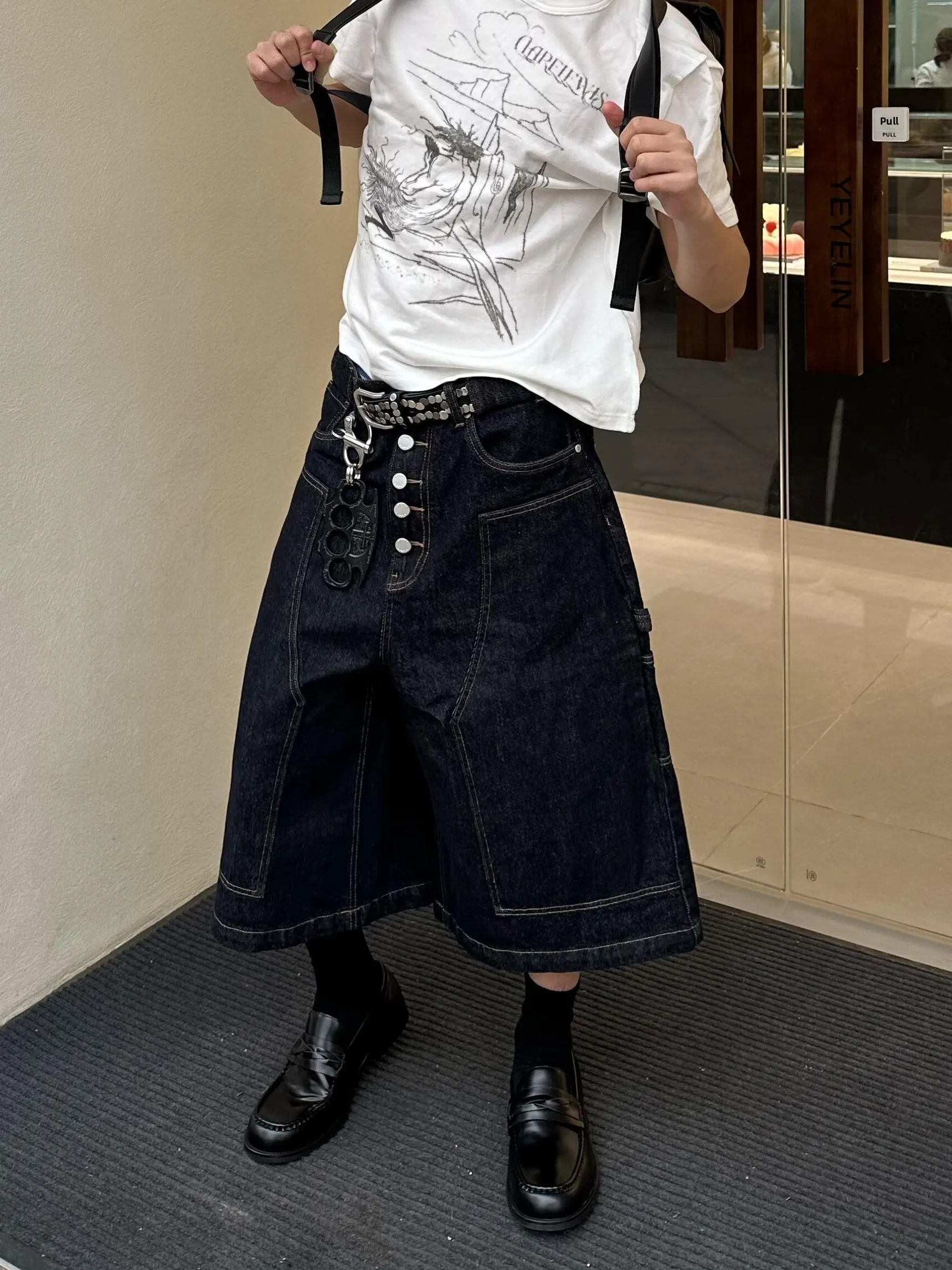 

American Retro Waed Multi-Button Carpenter Jeans High Waist Wide Leg Men's Trendy Brand ort orts Summer Casual Loose St...