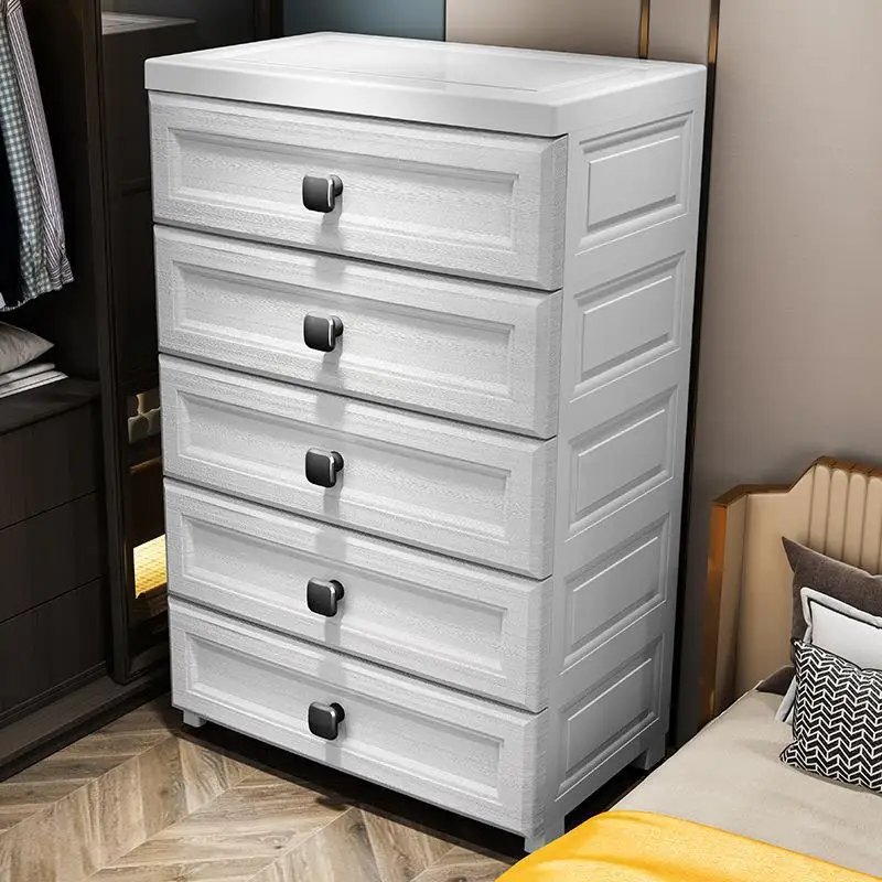 Thickened storage cabinet with drawers, baby bedside table, children's wardrobe, multi-layer home living room storage cabinet with wheels