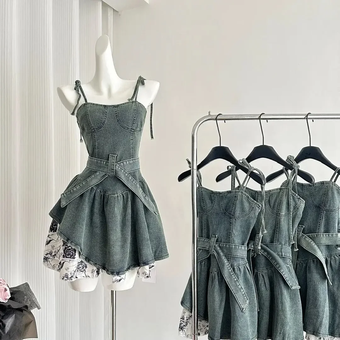 

Women Patchwork Blue A-line Dress Vintage Elegant Off Shoulder Mini Dresses Y2k Party Club One Piece Frocks 2000s Clothes Summer