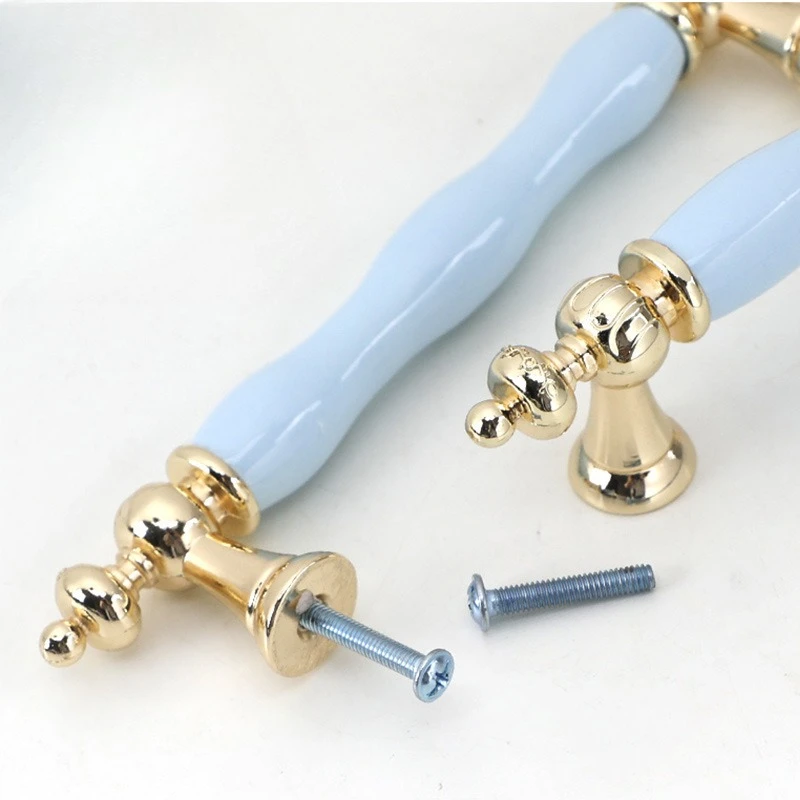 2pcs European Colorful White Furniture Pulls Fashion Ceramic Cabinet Handles Golden Kitchen Cupboard Door Handles Drawer Knobs