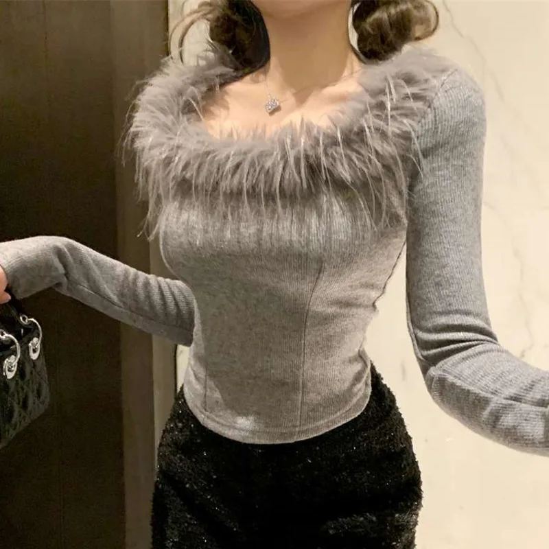 Women's Winter Gray Slim Fit Waist Tops Cinched Short Style With Fuzzy Square Neck Long Sleeved Inner Shirt Warm Clothes