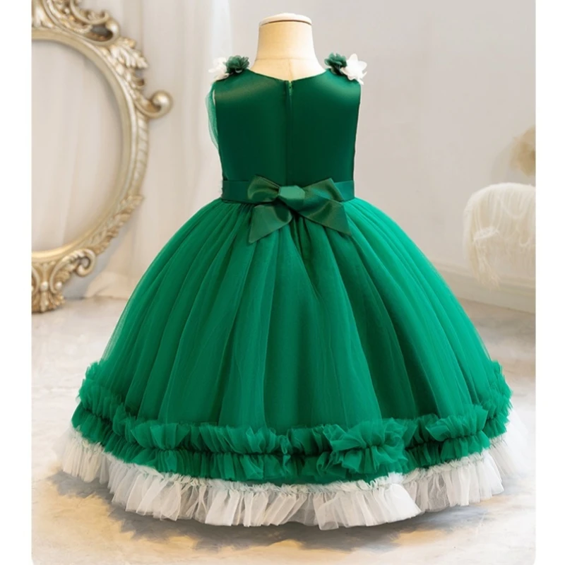 New 2024 de Fancy Green Party Dress for Girls Flower Ball Gown Kid Vestidos 2 4 6 8 10 Years Old Kids Clothes 2-10 Years Old