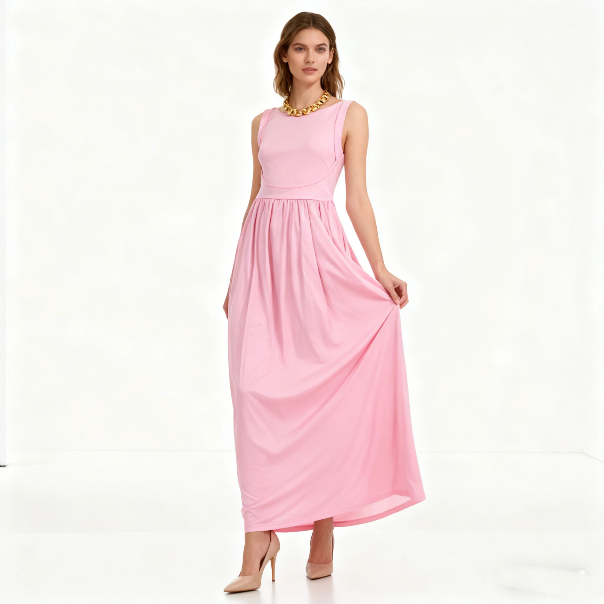 

New women's light pink sleeveless long dress, slim fit waist, flowing skirt, elegant and casual, suitable for daily wear at gath