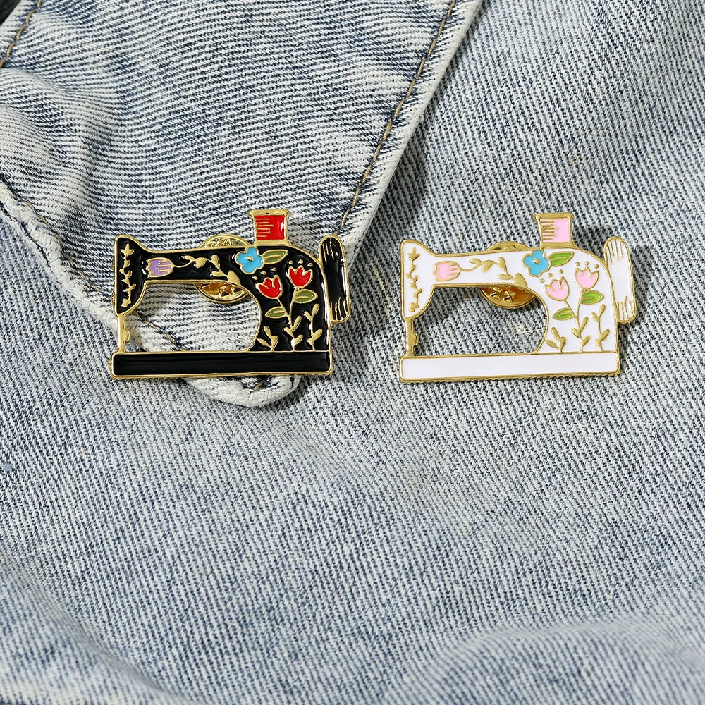 Pin Club | Retro Flower Black Sewing Machine Enamel Badge Creative Metal Brooch Clothing Bag Versatile Accessories Jewelry Gift