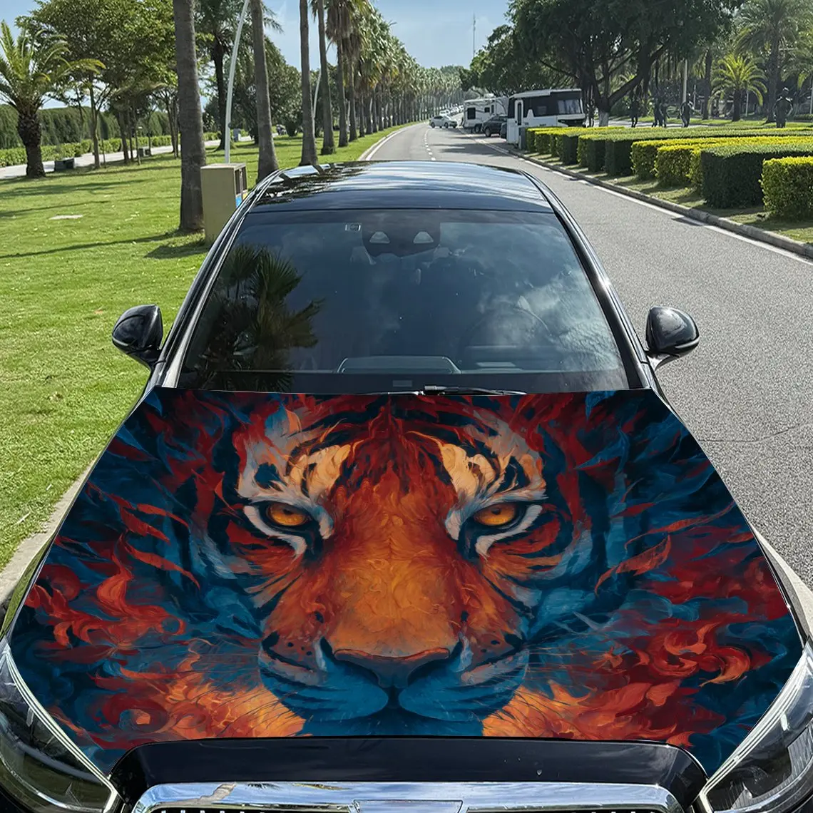 

Orange - Flame Blue - Shadow Tiger Car Vinyl Wrap, PVC Material Waterproof Car Hood Sticker, Self-Adhesive Scratch-Resistant Sti