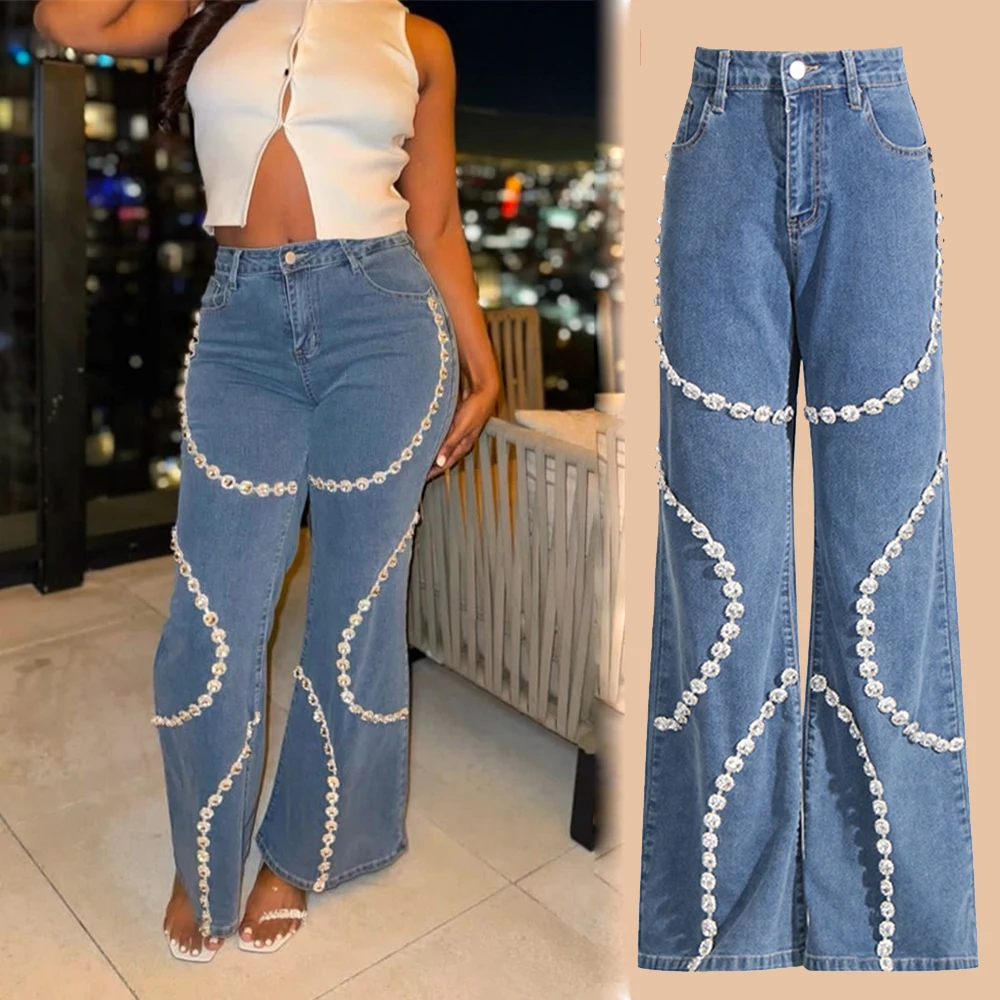 

Casual New Fashion Lady Streetwear Unique Washed Straight Beading Rhinestone Trousers Pants Blue Denim for Women'S Jeans