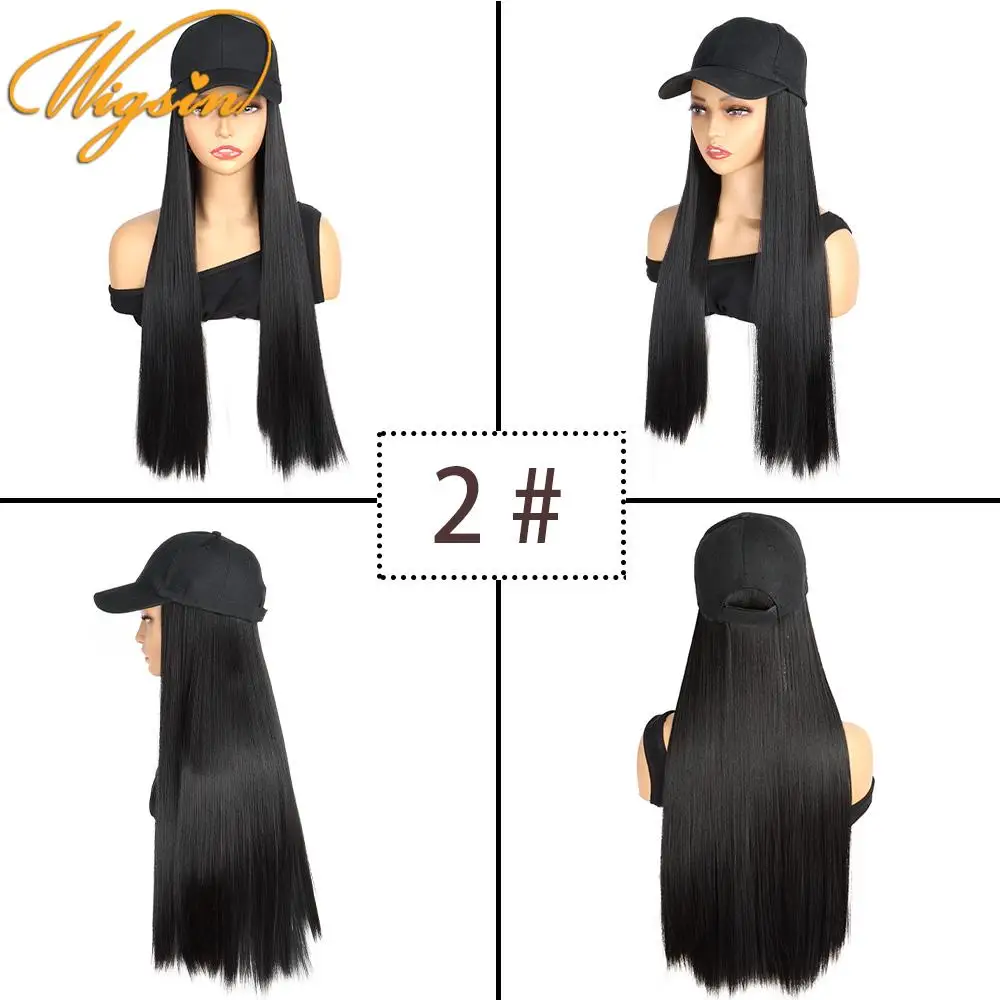 WIGSIN 24Inch Long Straight Synthetic Wig Baseball Cap Hair Extensions Hat Wigs Black Brown Adjustable Hairpiece for Women