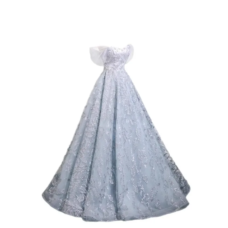 2025 New Women's One Shoulder Embroidered Bridesmaid Evening Dress Fashionable and Slim Back Strap High End Adult Dress