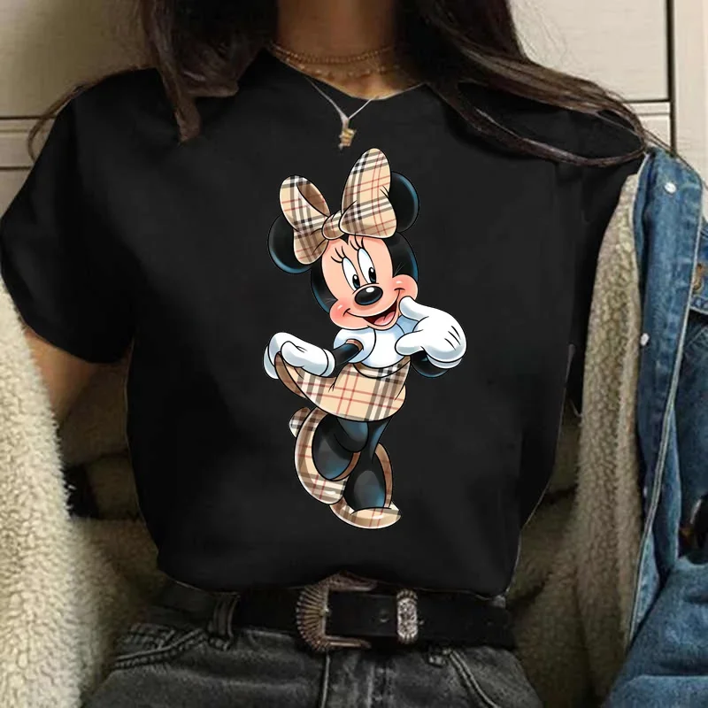 Camiseta Harajuku para mujer, camiseta a cuadros Kawaii Minnie, nueva camiseta Vintage informal de manga corta para mujer, camisetas para niñas de los años 90