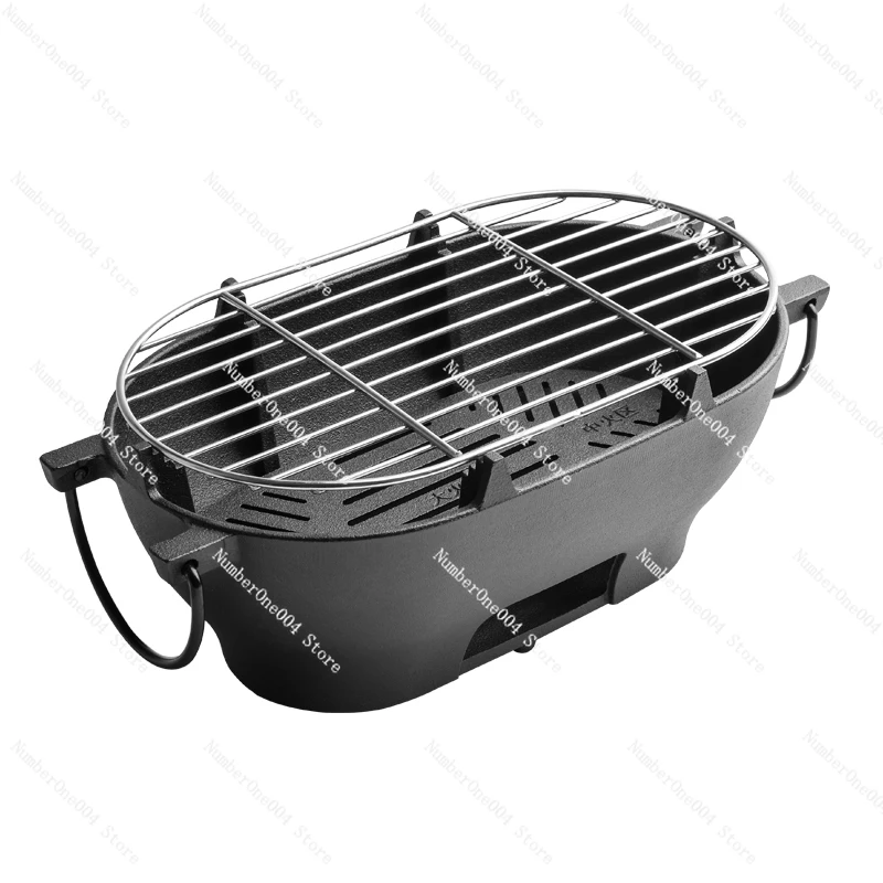 

Cast Iron Grill Grill Oval Charcoal Household Outdoor Portable Multifunctional Grill Durable