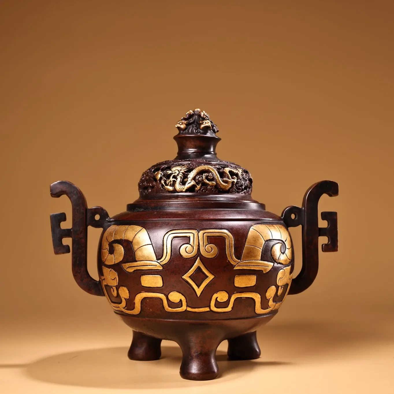 

9"Tibetan Temple Collection Old Bronze Gilded Cinnabar High Float Dragon Texture Ruyi Ear incense burner Amass wealth Ornaments