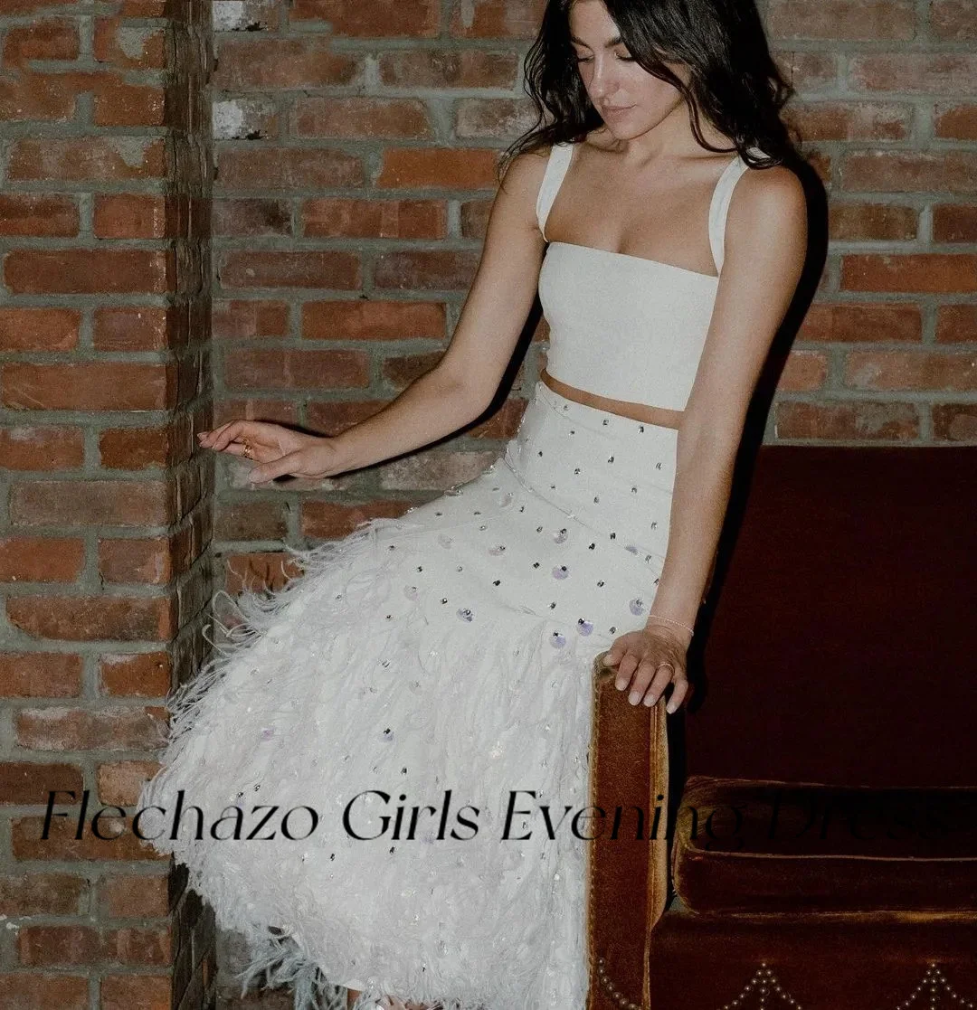 Flechazo White Evening Dresses Two Piece Sequin Beads Feathers Ankle-Length Formal Party Dress For Women 2024 vestidos de noche
