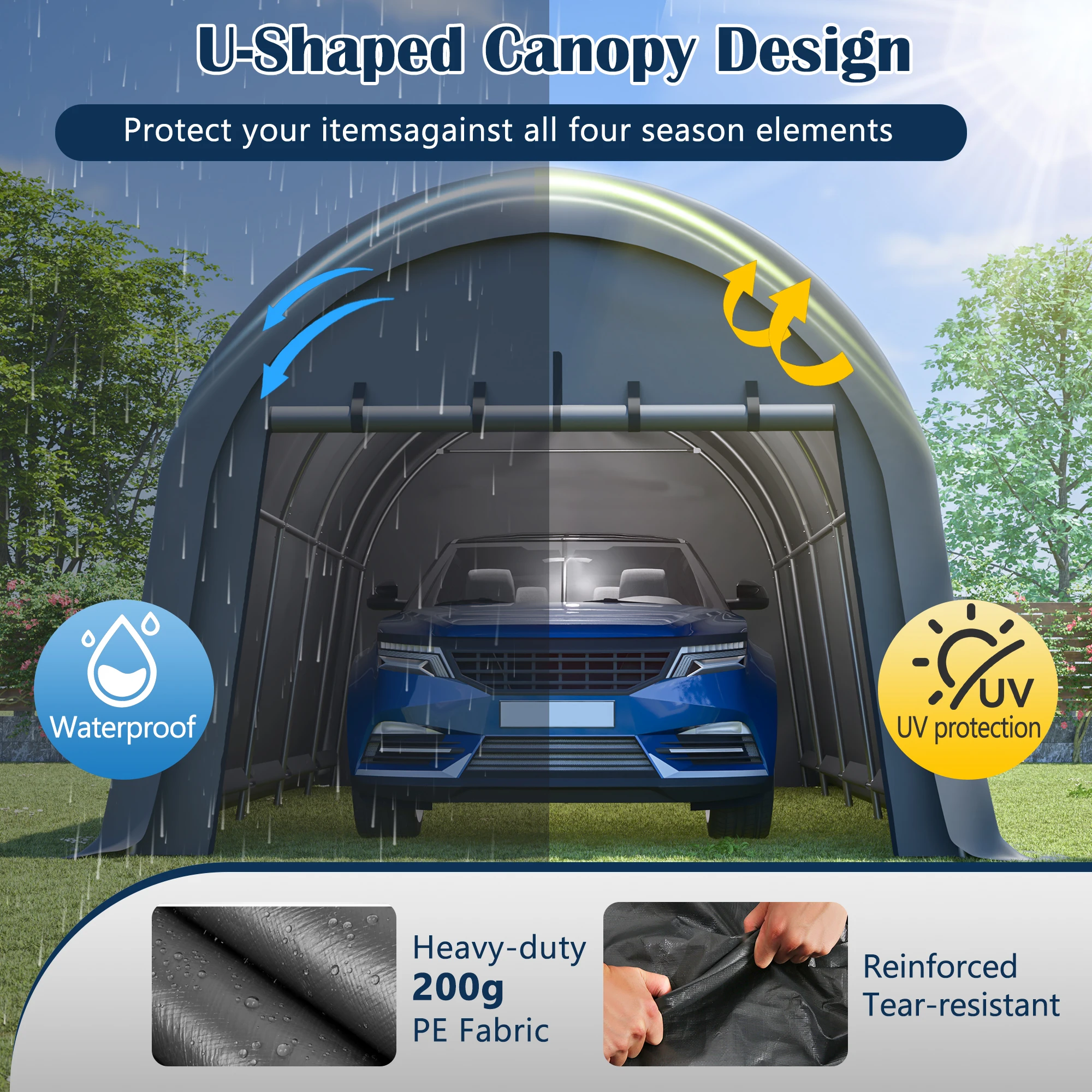 Heavy Duty Carport 10x20 ft 12x20 ft Waterproof Canopy Steel Frame Vented Roof Anti Snow Portable Garage Cars Boats RV Gray view 8