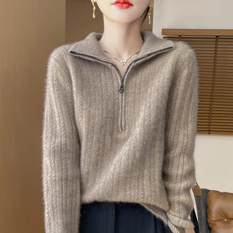 100% Merino Wool Coat Women's Stand Collar Knitted Pullover Fashion Twisted Long Sleeve Tops Autumn Winter New Warm Sweater