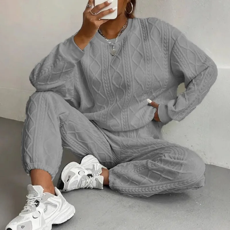Women Cable Knit Two Piece Outfit Round Neck Long Sleeve Top & Jogger Pants Set Y2K Casual Tracksuit Autumn Winter
