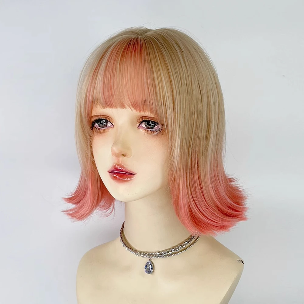 Ombre blond różowy Gradient krótkie proste peruki z grzywką syntetyczne Lolita Cosplay naturalne włosy peruka na codzienną imprezę