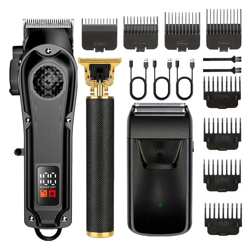 Professional 3-in-1 Hair Clipper Set with LCD Display, USB Rechargeable Cordless Trimmer & Foil Shaver for Men, Barber Grade with 8 Guide Combs