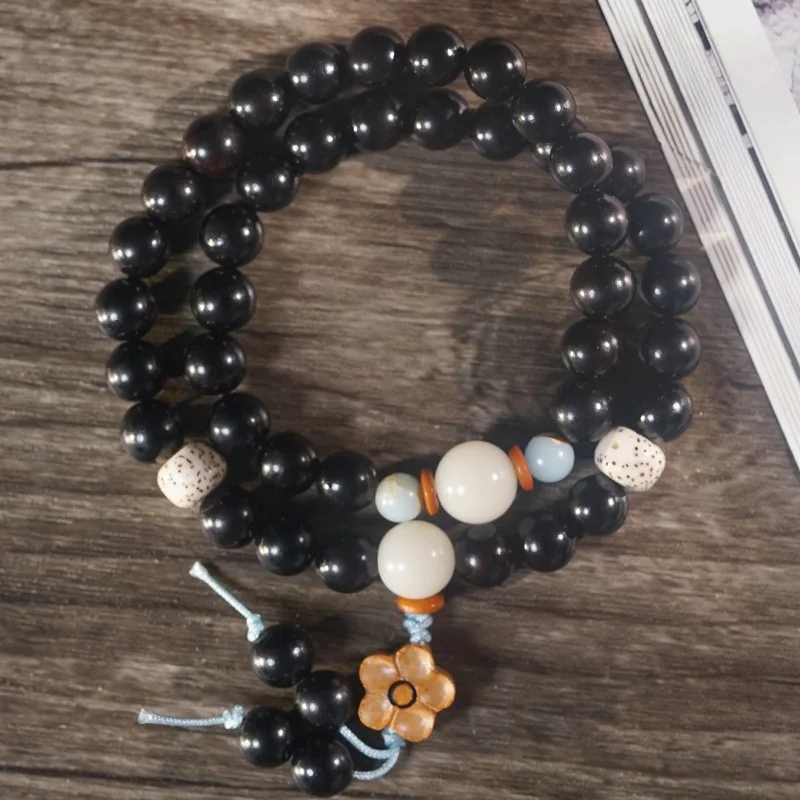 

Plum Blossom Double-circle Wooden Bracelet, Black Ebony and White Jade Bodhi Prayer Beads, Unisex Auspicious Bracelet.