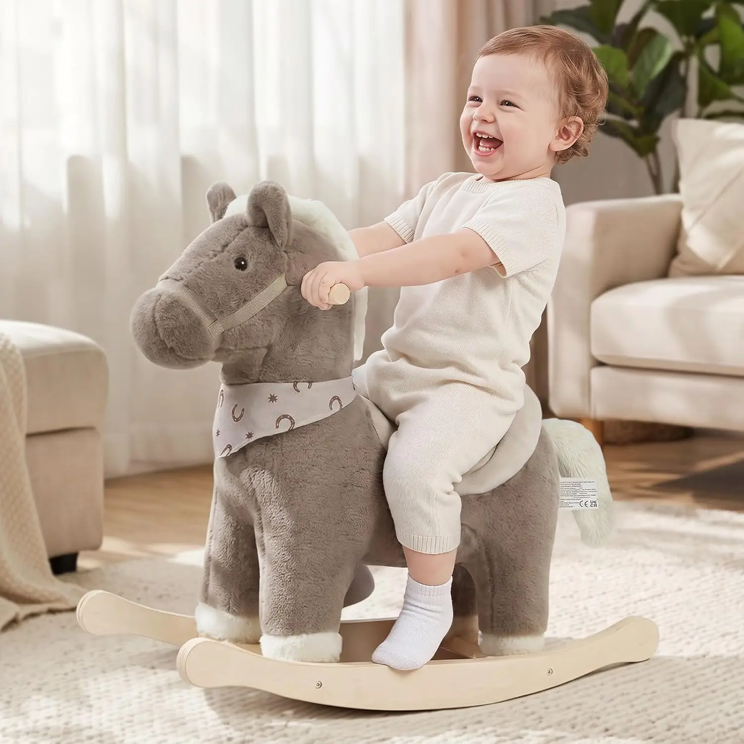 Wooden Toddler Rocking Horse for Ages 1-3, Plush Ride-On Horse Toy with Realistic Sound, Brown Rocker with Soft Stuffed Filling, 1 Year Old Birthday Party Baby Shower Gift