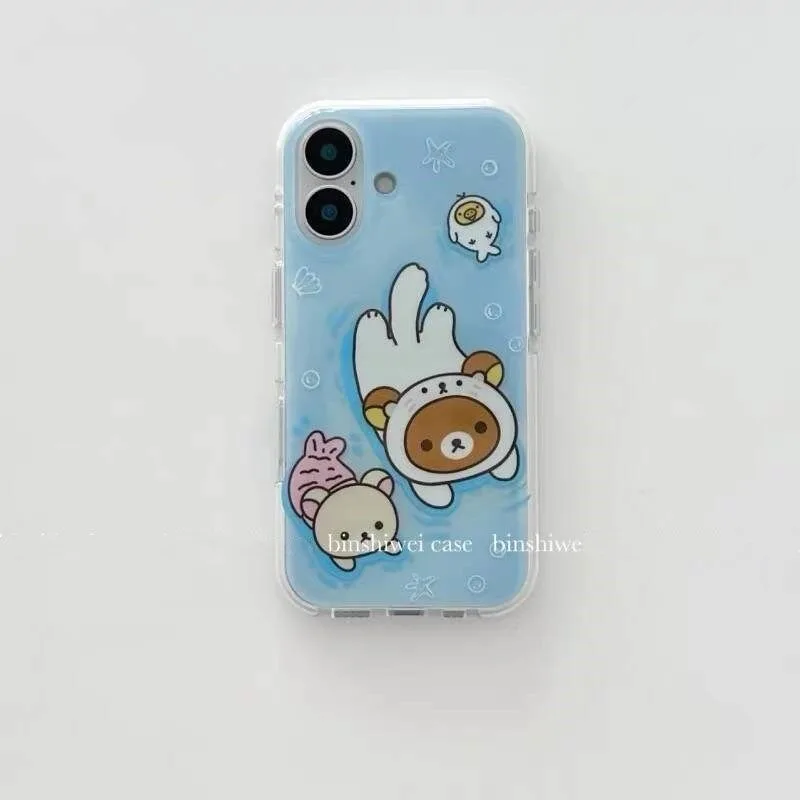Cute Rilakkuma ocean theme transparent phone case light blue soft shockproof suitable for iPhone 11 12 13 14 15 16 17pro max