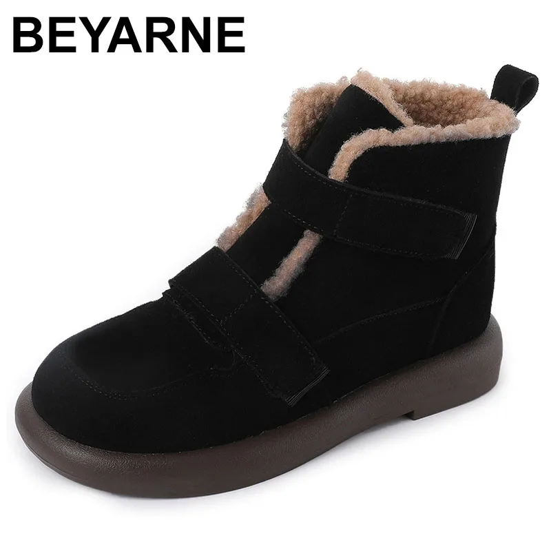 Snow Boots Women Cow Suede Furry Solid Color Round Toe Hook & Loop Flat With Winter Lasies Shoes Handmade