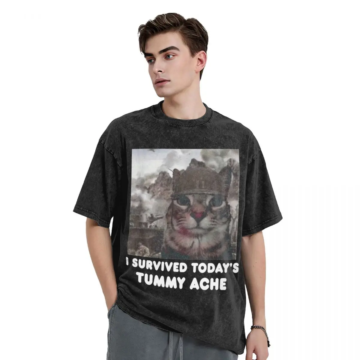 I Survived Today's Tummy Ache Meme Cat T Shirts Hip Hop Washed Cotton Harajuku T-Shirts Vintage Men Women Streetwear Tee Shirt