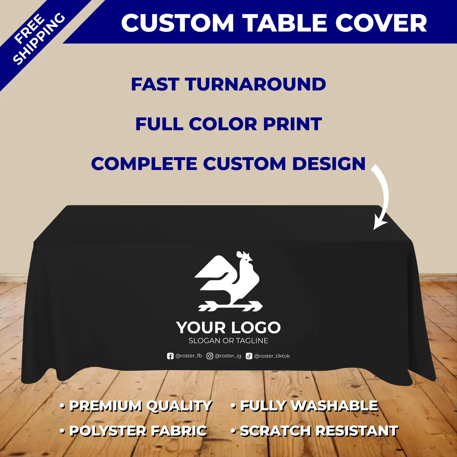 Custom Table Cover with Logo Full Color Printed Polyester Tablecloth Washable Background Banner for Trade Show Vendor Booth