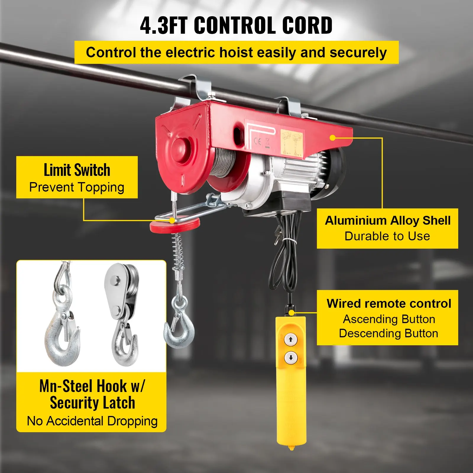 1320LBS Electric Wire Cable Hoist Winch Engine Crane Overhead Remote Lift 600kg Lift Electric Hoist 1150W