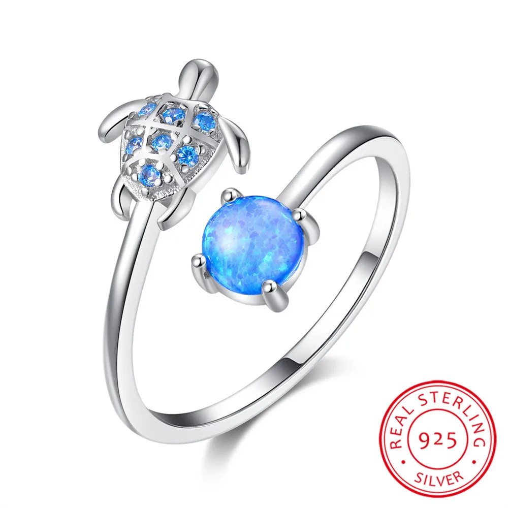 Blue Opal Stone Sea Turtle Ring Real 925 Sterling Silver Engagement Rings For Women Wedding Band Animal Jewelry