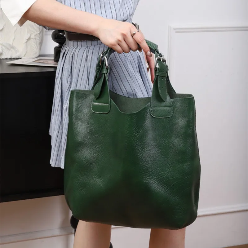 Retro Genuine Leather Handbag Women Casual Tote Bucket Bag Classic Black Lady Crossbody Messenger Purse Brown Ge Bag