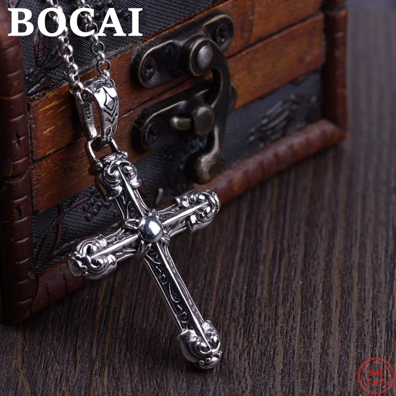 

BOCAI S925 Sterling Silver Charms Pendants for Women Men Retro Simply Pattern Cross Pure Argentum Amulet Jewelry