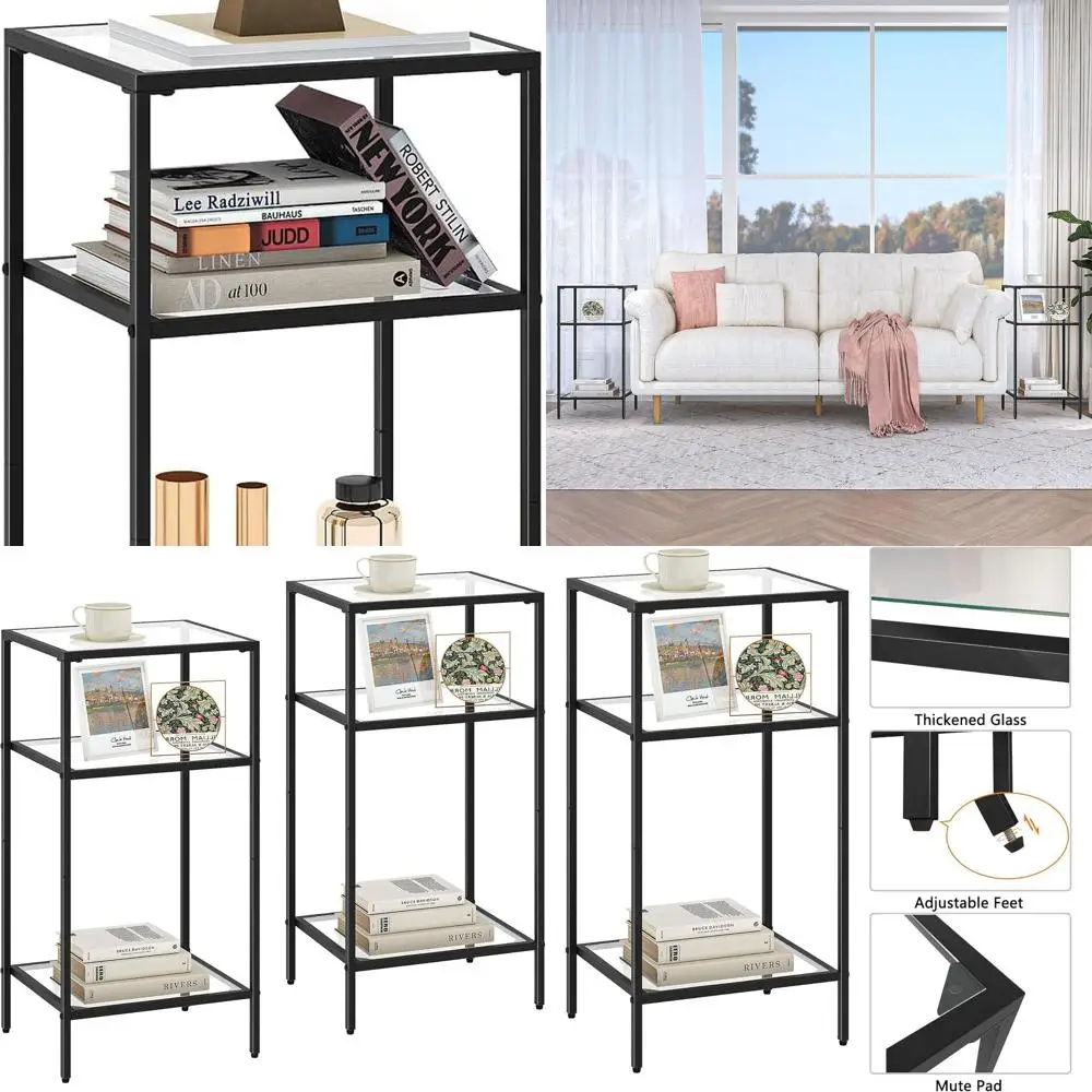 

Пара 3-ярусных стеклянных приставных столиков, тумбочек для хранения, узких прикроватных столиков для гостиной и спальни, черные