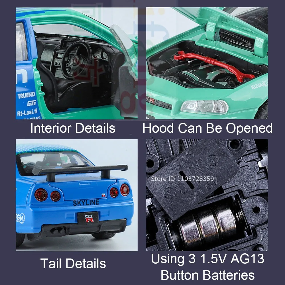 1:32 GTR R34 SKYLINE Model Toy Sports Cars Alloy Diecast Supercars Sound Light Doors Opened Pull Back for Boys Educational Toys