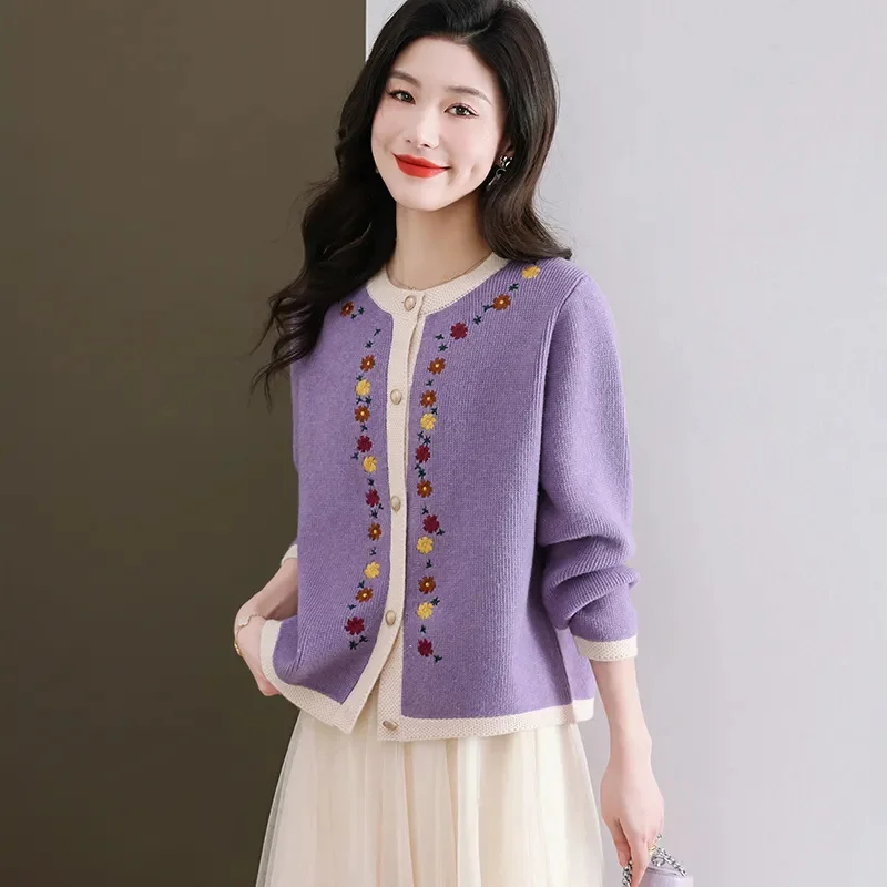 

Women Embroidered Knitted Sweater Cardigan Coat New Spring Autumn Jacket O Neck Long Sleeves Single Breasted Short Knit Top Lady