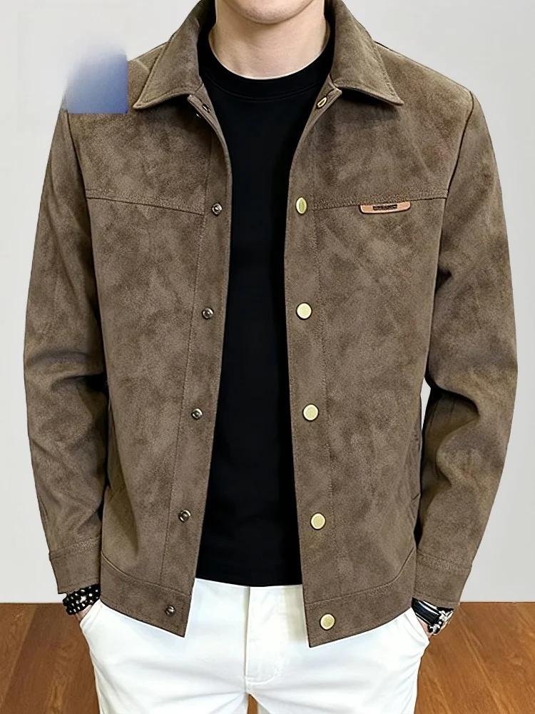 

Мужская замшевая куртка Romon без воротника, короткая, весенне-осенняя, кофейного цвета, повседневный стиль, теплая, модная, молодежная, приталенная