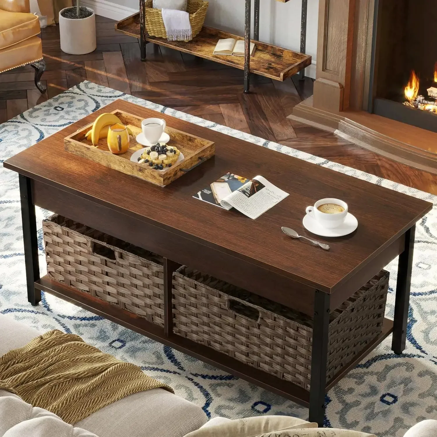 Lift Top Coffee Table with Hidden Storage Compartment and 2 Rattan Baskets, 41.7" Retro Central Table with Wooden Lift Tabletop