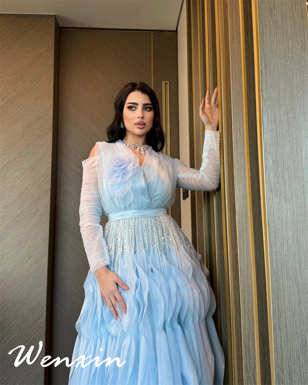

Customized Fashion Blue Tulle Evening Dress Temperament Long Sleeves Homecoming Dresses Romantic Flowers Vestido De Festa
