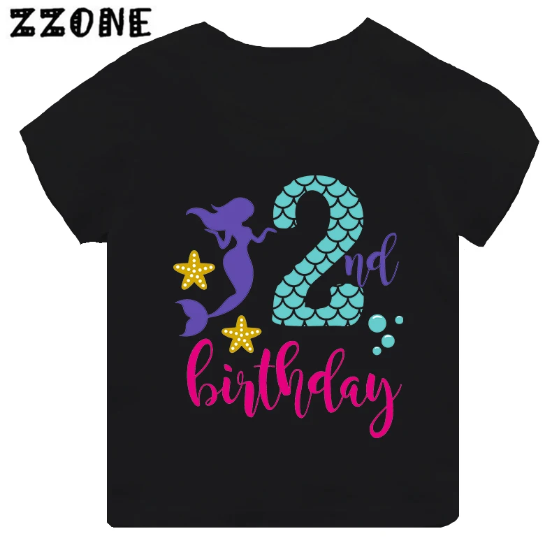 Mermaid Princess Print Cartoon Girls Clothes 1 2 3 4 5 6 7 8 9 Years Happy Birthday Kids Short Sleeve T shirt Baby Boys T-Shirts