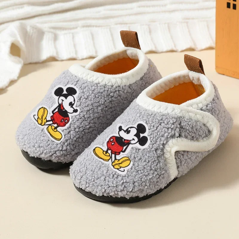 Disney Minnie ฤดูใบไม้ร่วงฤดูหนาวเด็กรองเท้าแตะผ้าฝ้าย Mickey Mouse Casual รองเท้าในร่มลื่น Soft Soles เด็กทารกเด็กวัยหัดเดิน