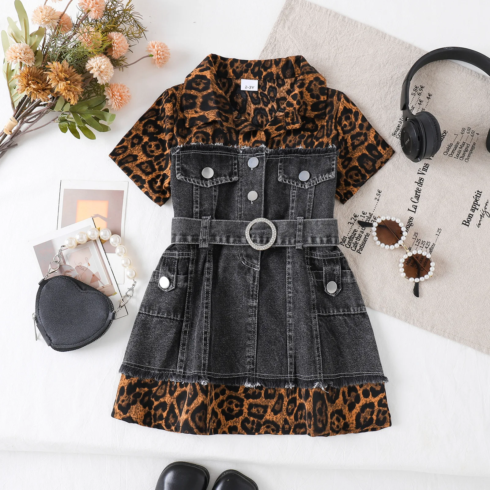 Fashion Baby Girl Dress Leopard Denim Dress Patchwork Short Sleeve Faux Two-Piece Jean Dresses with Belt for Kids Clothing Y2K