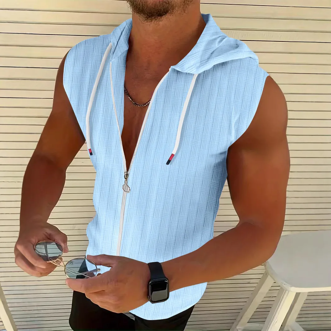 

Men's Hooded Sleeveless Zipper Shirt 5 Colors Available Fashionable Sun Protection Thin Cotton Fabric Adult Male Clothing