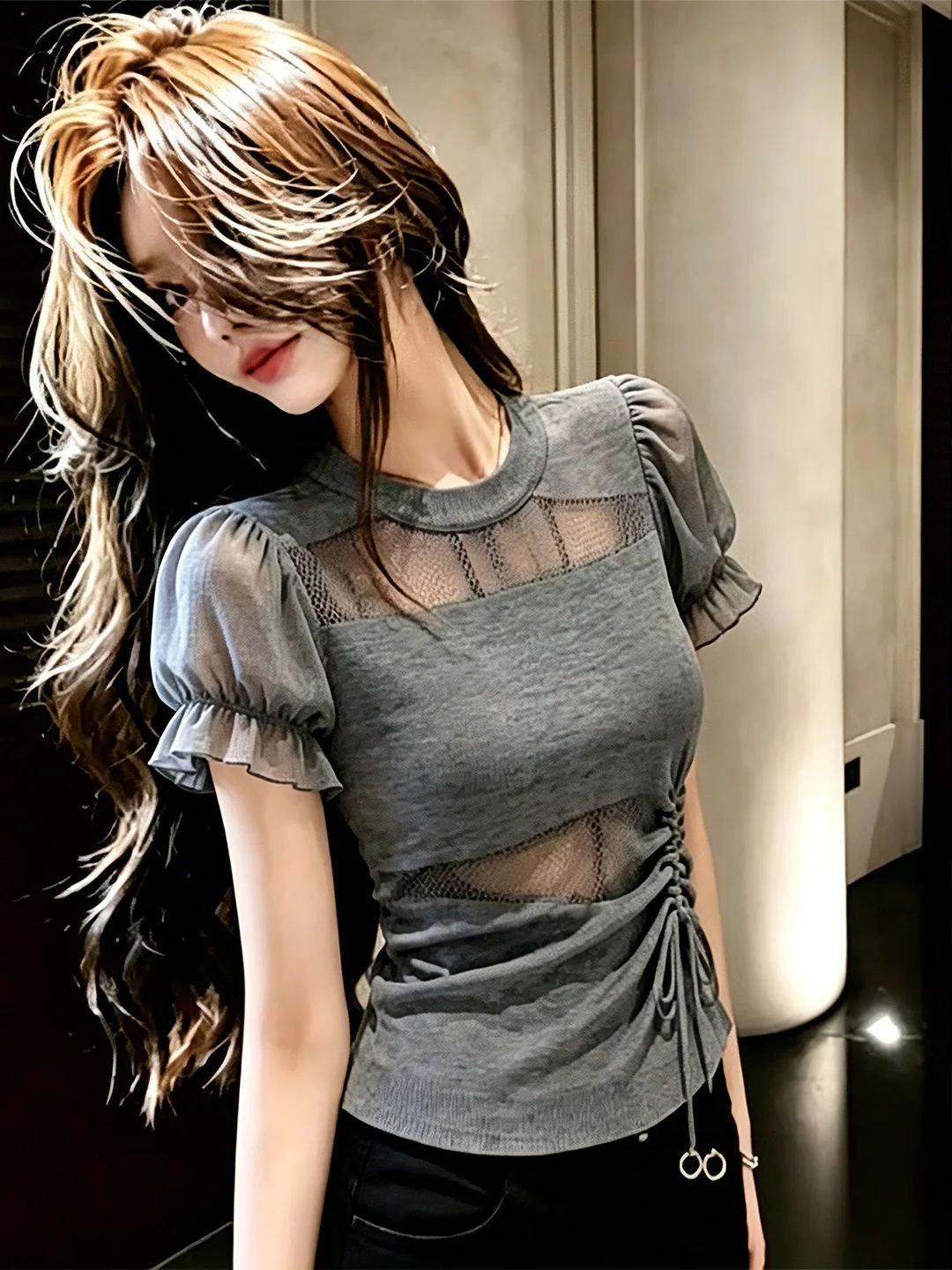 

Fashionable Hollow out Short Sleeve Ice Silk Knitted Top Drawstring Waist Slimming Design Korean Style round Neck Casual Shirt