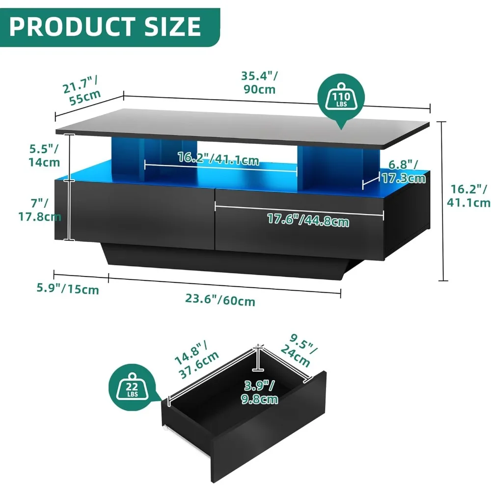 Coffee Table W Storage, High Glossy LED Coffee Tables for, Modern Rectangle Coffe Table,  Table W Open Display Shelf &  Drawers