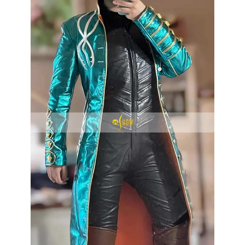 

DMC3 Virgil Costume Halloween Men Virgil Cosplay Outfit Halloween Blue Leather Coat Suit