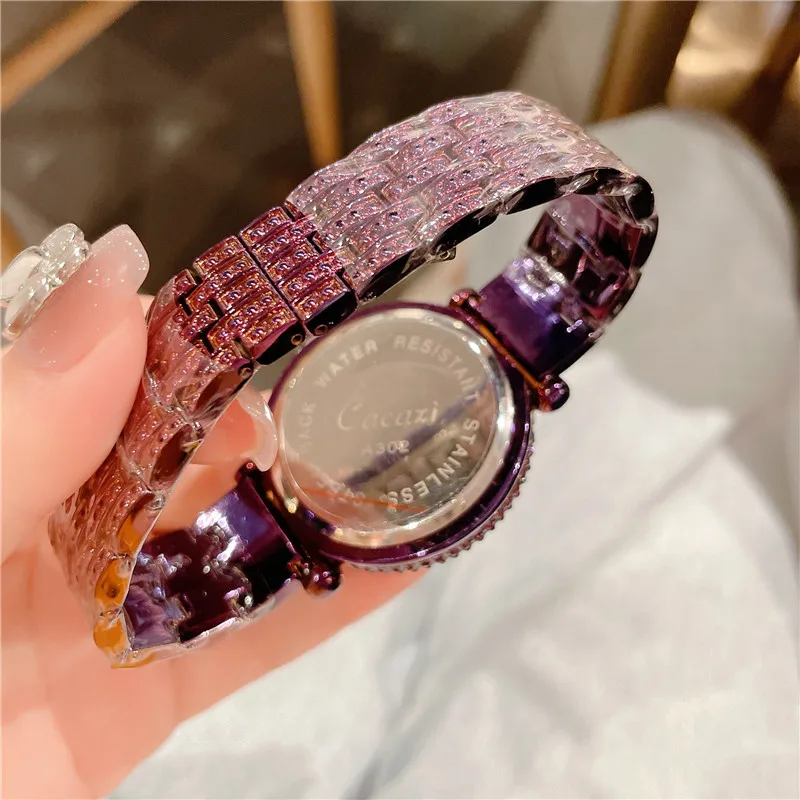 Cacaxi Brand Women Quartz Watches Full Diamond Rotating Dial Wristwatch Relojes Mujer Lady Purple Watch Relogio Feminino A302